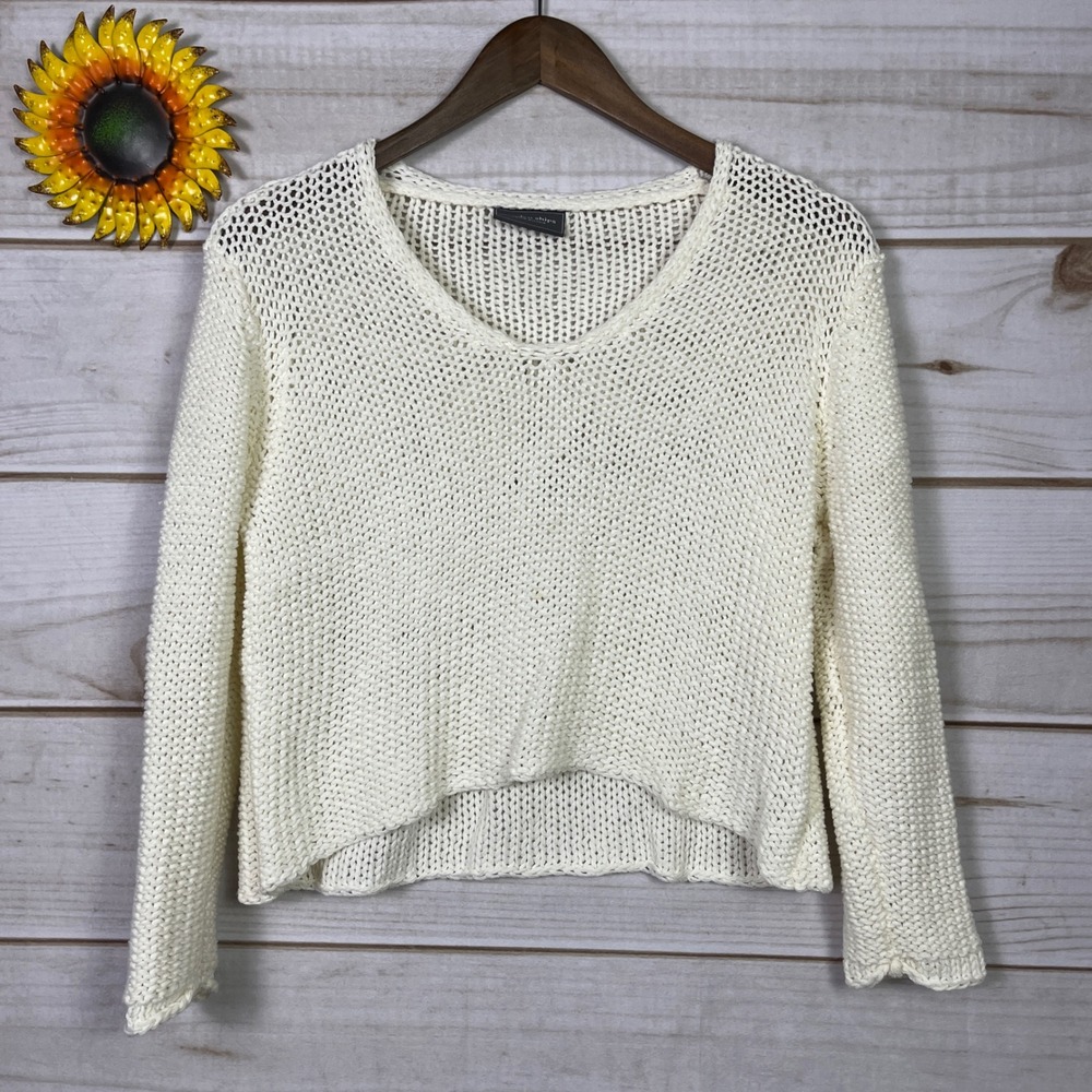 Wooden Ships Paola Buendia Ivory Open Knit V-Neck High Low Cropped Sweater XS/S